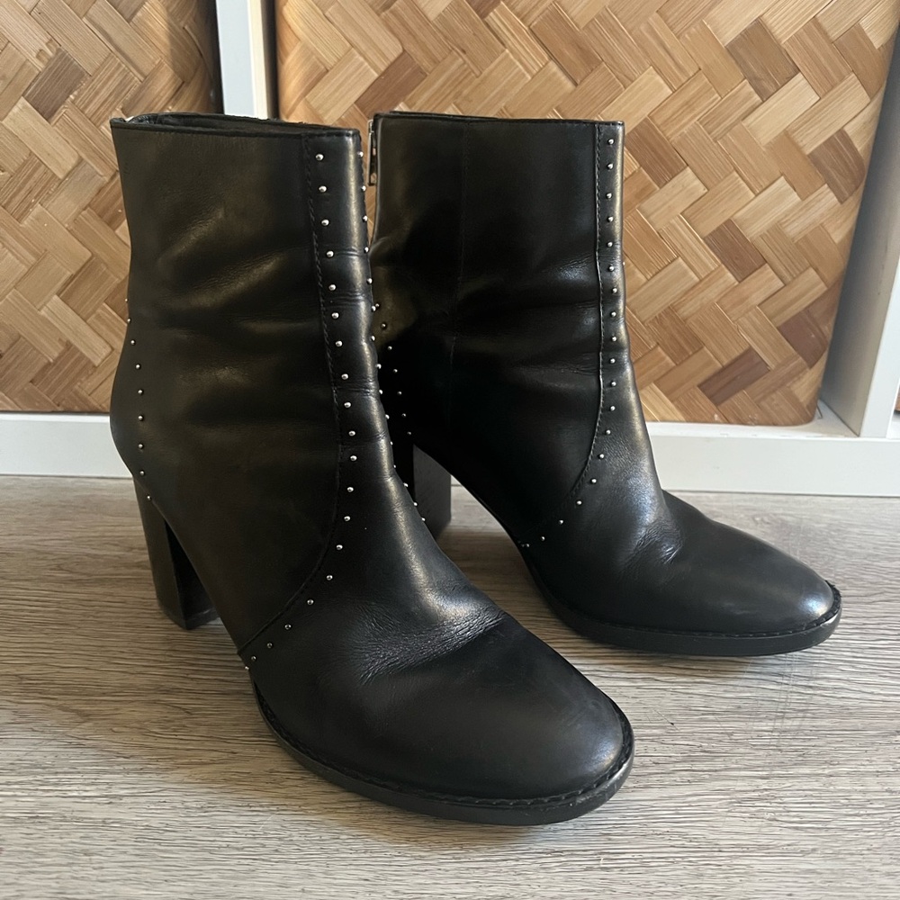 All Saints Black Leather Studded Block Heel Ankle Boots - Picture 3 of 13
